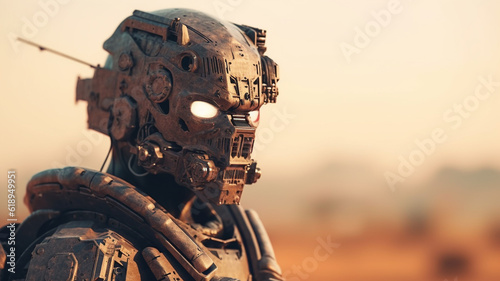 robot is a soldier with combat gear, artificial intelligence and autonomous weapon technology, machine as a humanoid android, technological robot armour, fictitious place and happening