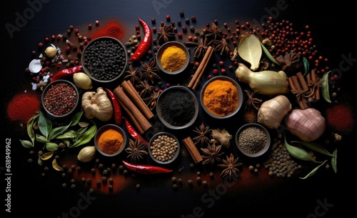 spices and herbs on black