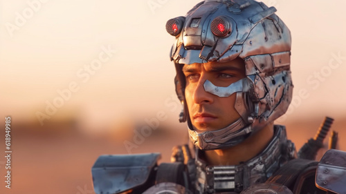 self made combat suit robot machine parts, a soldier, young adult man in futuristic war, in a desert like landscape