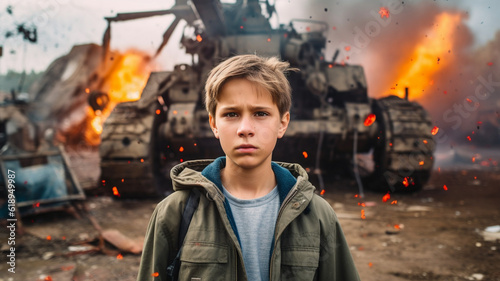 young child kid with jacket and school bag, in the background a destroyed tank vehicle, fictional