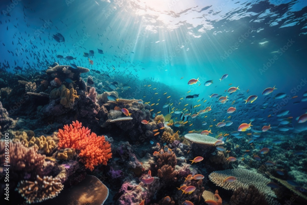 underwater scene, with schools of tropical fish swimming among colorful coral reefs, created with generative ai