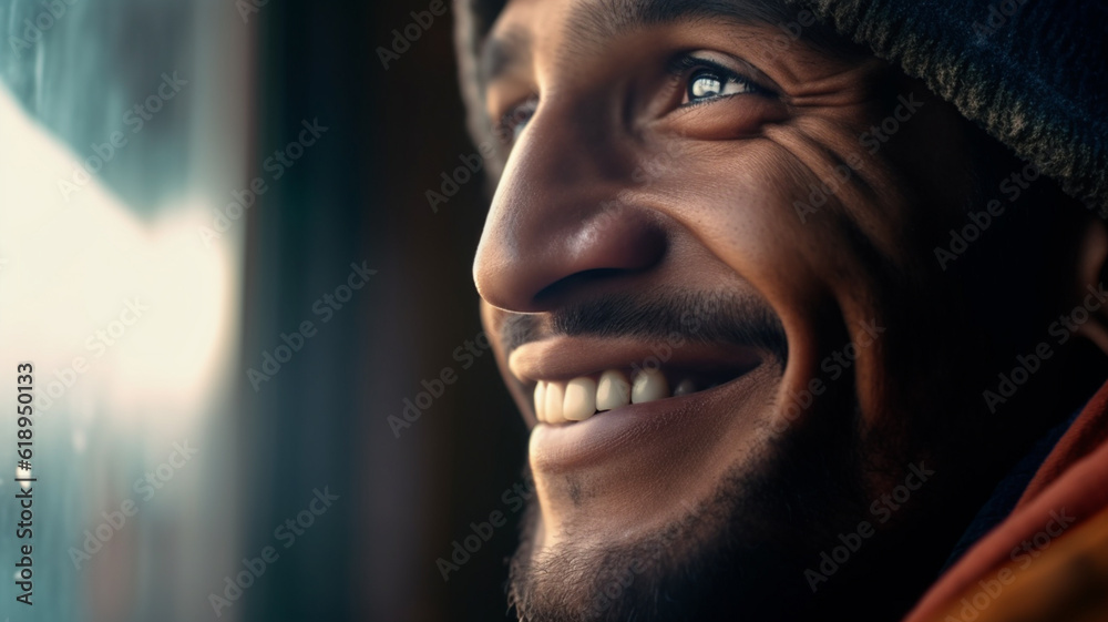 happy young adult smiling man at the window, good mood, zest for action and thirst for adventure, everyday life, fictitious place happy young adult smiling man at the window, good mood, zest for action and thirst for adventure, everyday life, fictitious place