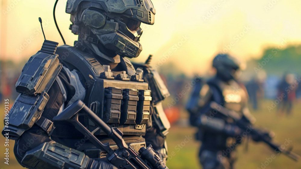 Soldiers in battle gear, war and mission, in action, battle gear and