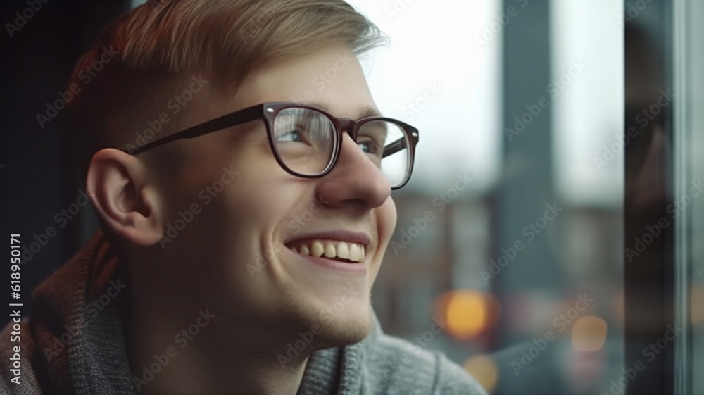 happy teenager boy or young adult smiling man at the window, good mood, zest for action and thirst for adventure, everyday life, fictitious place happy teenager boy or young adult smiling man at the window, good mood, zest for action and thirst for adventure, everyday life, fictitious place