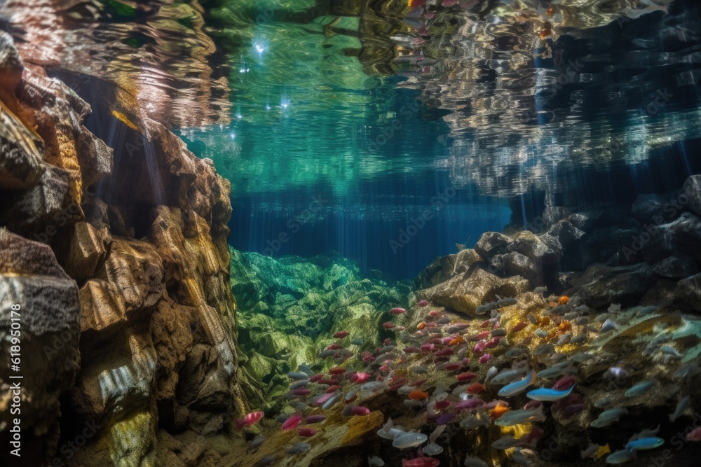 cave with schools of colorful fish swimming among the formations, created with generative ai