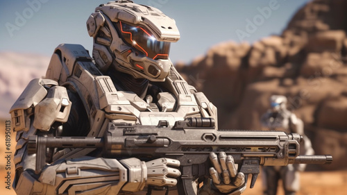 soldier wears combat suit, ...