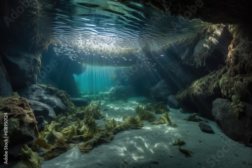 underwater cave, with schools of fish swimming past and seaweed swaying in the current, created with generative ai