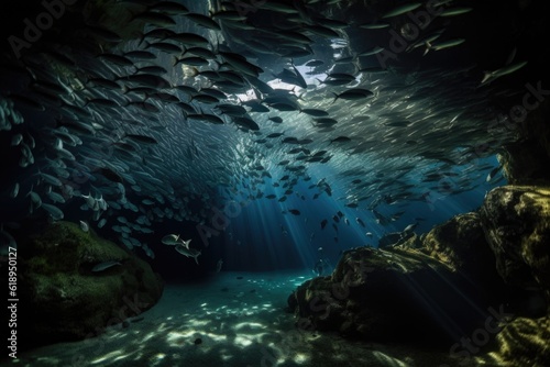 underwater cave, with schools of fish swimming among the lights and shadows, created with generative ai