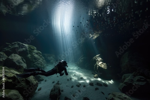 person, swimming through underwater cave system, with schools of fish darting around the caves, created with generative ai