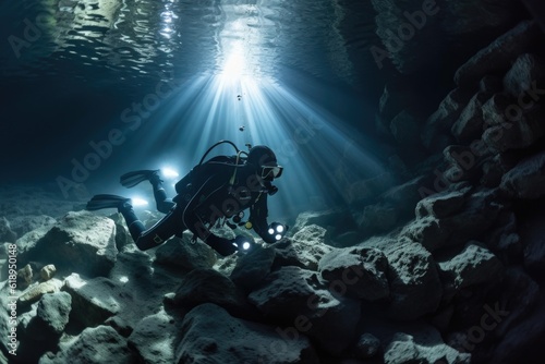 diver, exploring underwater cave system, with flashlight shining on the crystal formations, created with generative ai