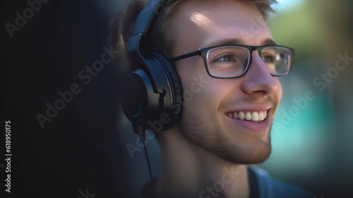 young adult man or teenager boy outdoor with headphones, happy smile, fun and joyful