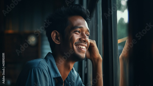 happy young adult smiling man at the window, good mood, zest for action and thirst for adventure, everyday life, fictitious place