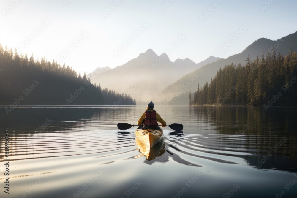 person, paddling kayak through calm lake, with view of the surrounding mountains visible in the background, created with generative ai
