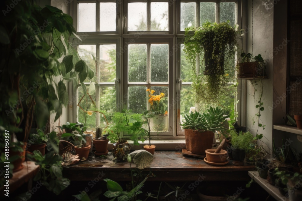 white window garden with plants spilling over the sill and into the room, created with generative ai white window garden with plants spilling over the sill and into the room, created with generative ai