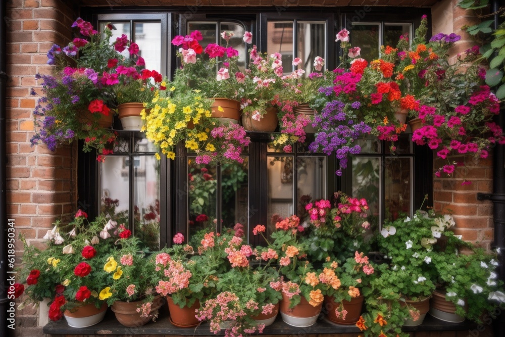 window garden overflowing with colorful blooms and greenery, created with generative ai