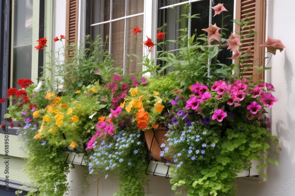 window garden with hanging baskets and colorful flowers, created with generative ai