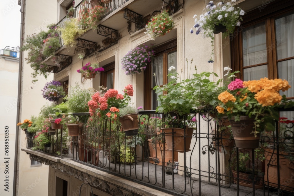 view of relaxing balcony with potted plants and window boxes filled with colorful flowers, created with generative ai