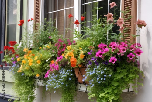 window garden with hanging baskets and colorful flowers, created with generative ai © Alfazet Chronicles