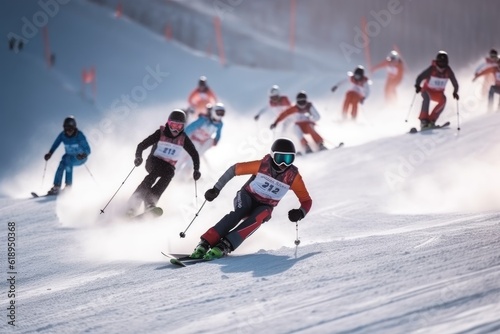 winter sports competition, with skiers and snowboarders racing down the slopes at full speed, created with generative ai