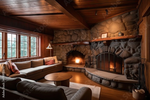 warm wood paneling and stone fireplace in cozy living room  created with generative ai