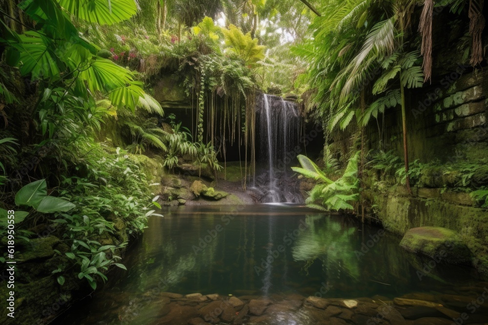 majestic waterfall cascading into tranquil pool, surrounded by lush greenery, created with generative ai majestic waterfall cascading into tranquil pool, surrounded by lush greenery, created with generative ai