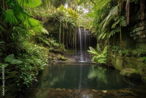 majestic waterfall cascading into tranquil pool  surrounded by lush greenery  created with generative ai