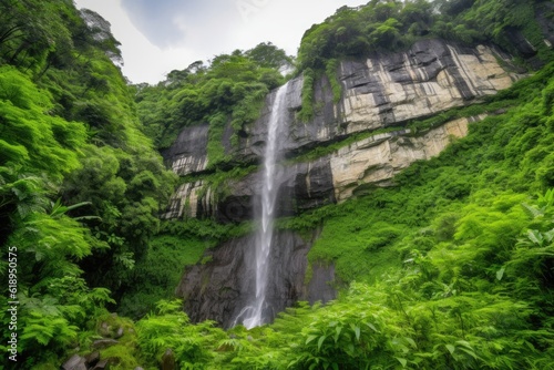 majestic waterfall cascading over rugged cliff face, surrounded by lush greenery, created with generative ai