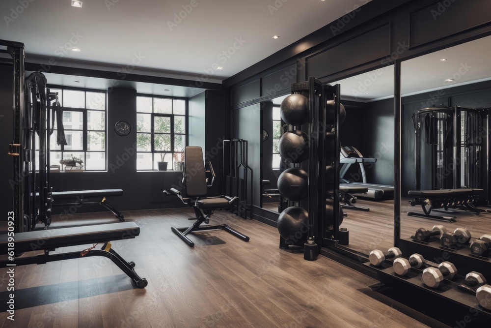 a full-size gym with a variety of equipment, including free weights and cardio machines, created with generative ai a full-size gym with a variety of equipment, including free weights and cardio machines, created with generative ai