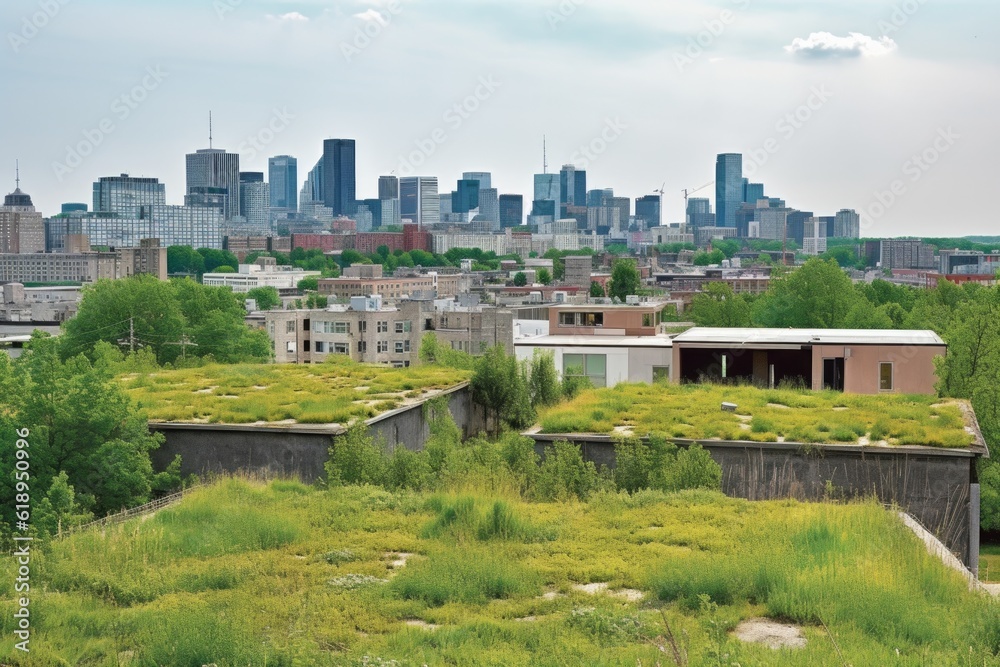 green rooftops with view of the city skyline, showing how green buildings can blend into urban surroundings, created with generative ai