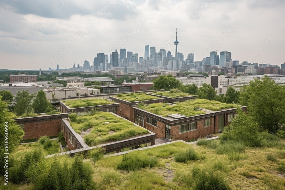 green rooftops with view of the city skyline, showing how green buildings can blend into urban surroundings, created with generative ai