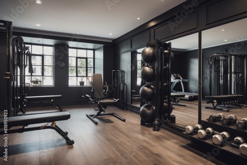 a full-size gym with a variety of equipment, including free weights and cardio machines, created with generative ai
