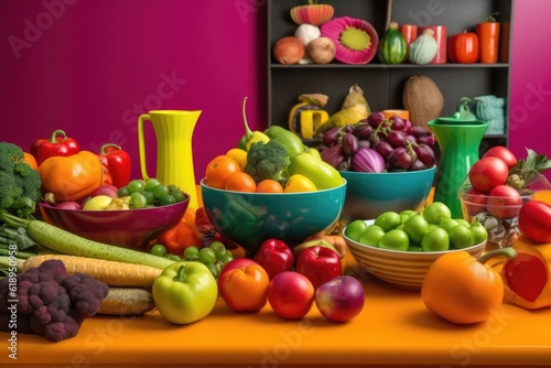 colorful mix of fruits and vegetables in modern setting  created with generative ai