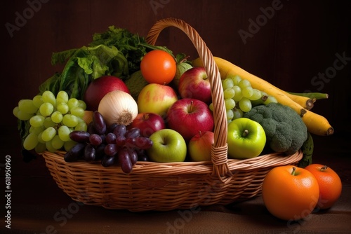 a beautiful arrangement of fresh fruits and vegetables  arranged in a basket  created with generative ai