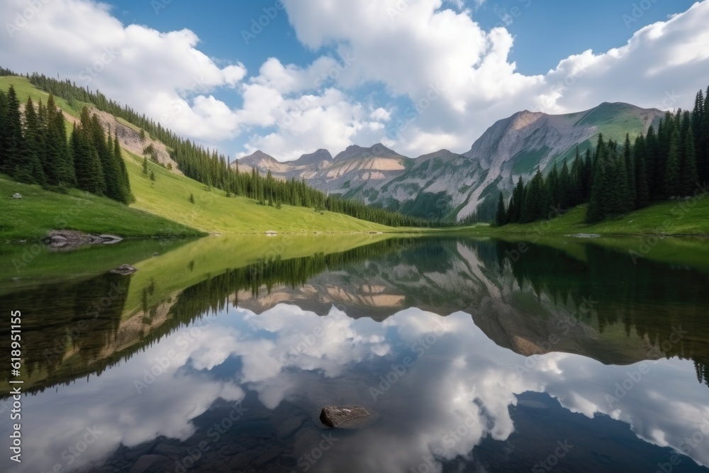 peaceful mountain lake reflecting the peaks and clouds in the distance, created with generative ai