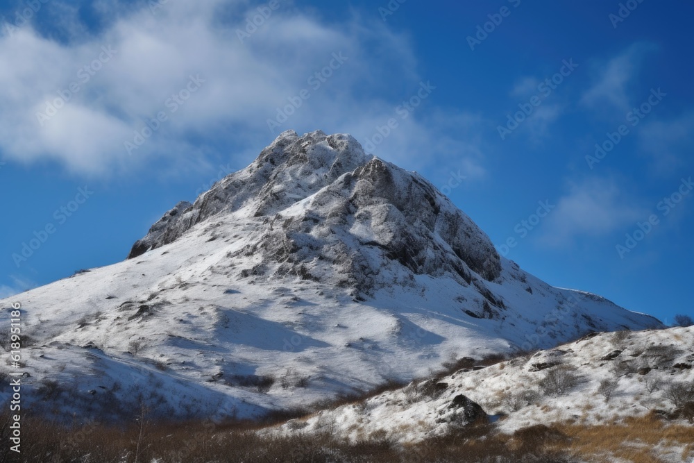 snow-covered mountain peak with clear blue sky and clouds visible above, created with generative ai