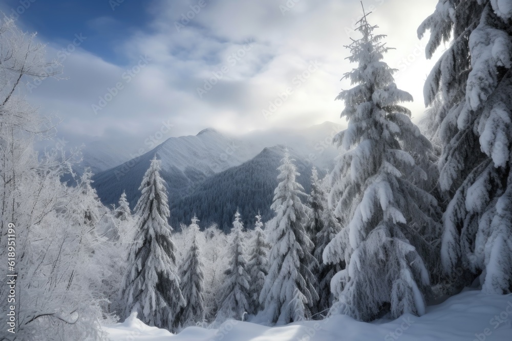 winter wonderland with snow-covered trees and mountains in the background, created with generative ai