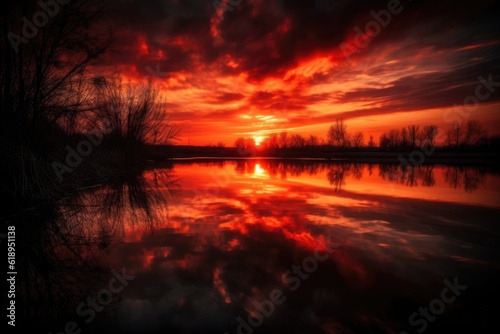 reflection of the red sunset on serene lake  created with generative ai