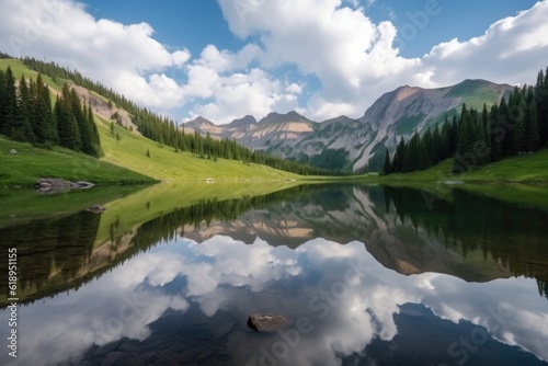 peaceful mountain lake reflecting the peaks and clouds in the distance, created with generative ai