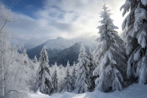 winter wonderland with snow-covered trees and mountains in the background, created with generative ai © Alfazet Chronicles