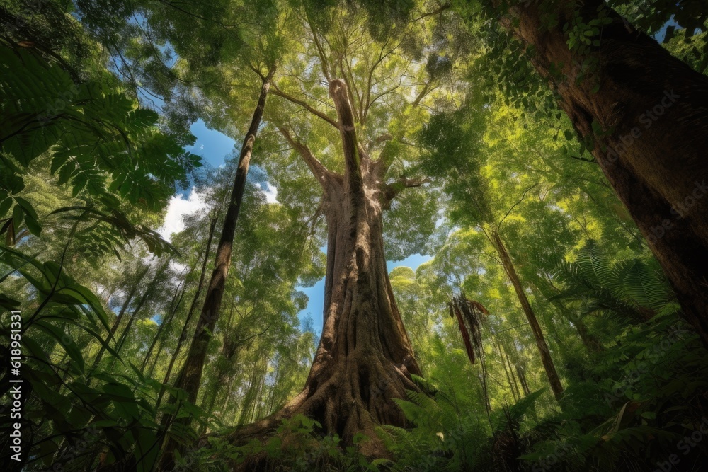 Naklejka premium majestic tree surrounded by towering forest canopy, with a glimpse of the blue sky above, created with generative ai