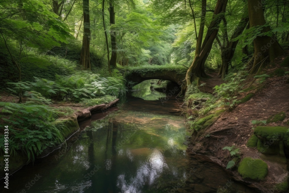 tranquil forest with babbling brook and tranquil pools of water, created with generative ai tranquil forest with babbling brook and tranquil pools of water, created with generative ai