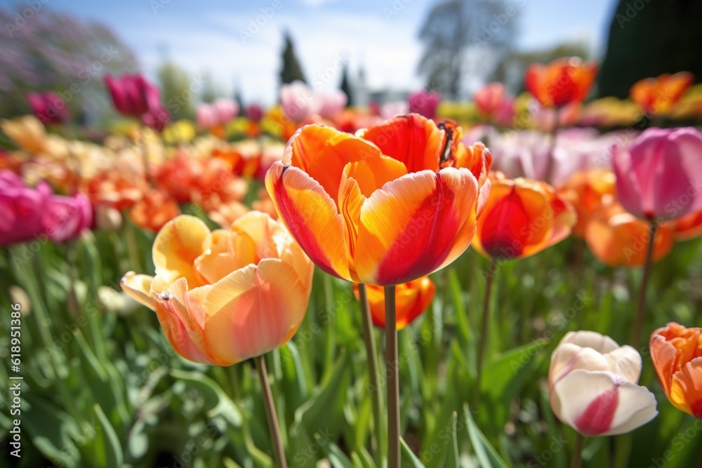 Fototapeta premium close-up of vibrant tulips in full bloom, created with generative ai