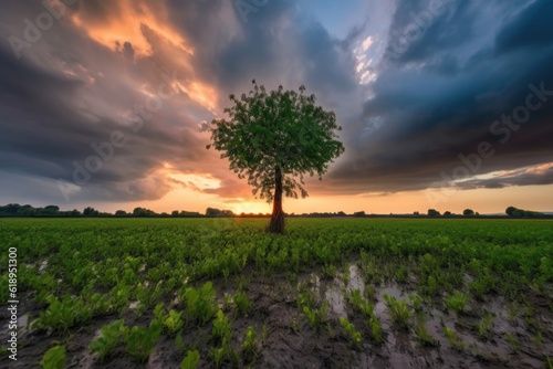 sprouting tree being surrounded by storm clouds in dramatic sunset, created with generative ai