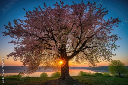 majestic tree with a view of the sunrise  sprouting leaves and blooms  created with generative ai