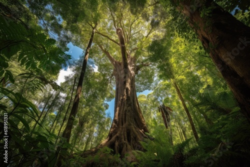 majestic tree surrounded by towering forest canopy  with a glimpse of the blue sky above  created with generative ai