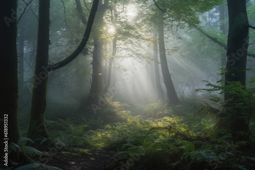 peaceful forest with misty morning fog, sunlight filtering through the trees, created with generative ai © Alfazet Chronicles