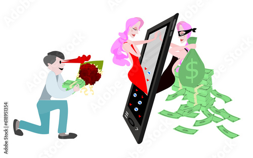 Online dating fraud concept.Thief girl promotes herself through social media programs, deceiving young people to love and willing to give them property. Cyber scam. Lovers mobile chat. Fake romance.