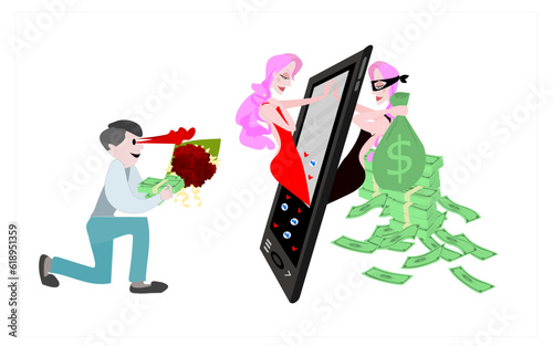 Online dating fraud concept.Thief girl promotes herself through social media programs, deceiving young people to love and willing to give them property. Cyber scam. Lovers mobile chat. Fake romance.