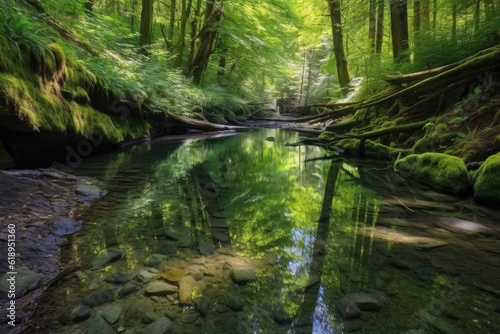 forest stream with shallow waters and crystal clear reflections  created with generative ai