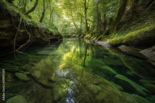 forest stream with shallow waters and crystal clear reflections, created with generative ai